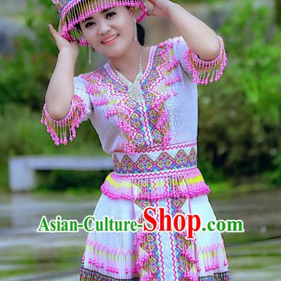 Traditional Chinese Miao Nationality Wedding Costume and Hat, Hmong Young Lady Folk Dance Ethnic Blue Pleated Skirt, Chinese Minority Nationality Embroidery Clothing for Women