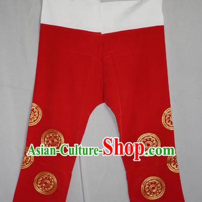 Traditional China Beijing Opera Takefu Costume Red Pants, Ancient Chinese Peking Opera Wu-Sheng Warrior Embroidery Trousers Clothing
