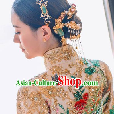 Traditional Handmade Chinese Ancient Classical Hair Accessories Bride Wedding Barrettes Hairpins Phoenix Coronet Complete Set, Hair Sticks Hair Jewellery for Women