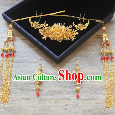 Traditional Handmade Chinese Ancient Classical Hair Accessories Barrettes Xiuhe Suit Hairpin, Flowers Long Tassel Headdress, Hanfu Hair Fascinators for Women