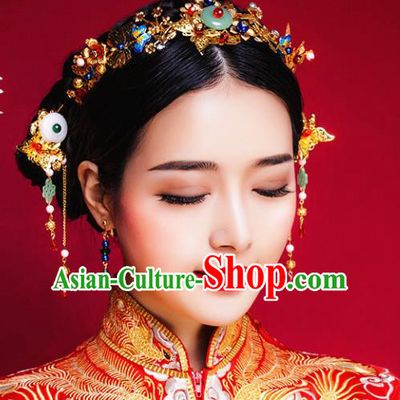 Traditional Handmade Chinese Ancient Classical Hair Accessories Barrettes Xiuhe Suit Golden Hair Comb Complete Set, Hanfu Hair Fascinators for Women