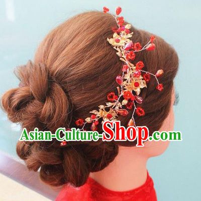 Traditional Handmade Chinese Ancient Classical Hair Accessories Barrettes Xiuhe Suit Red Beads Hair Clasp, Hanfu Hair Fascinators for Women