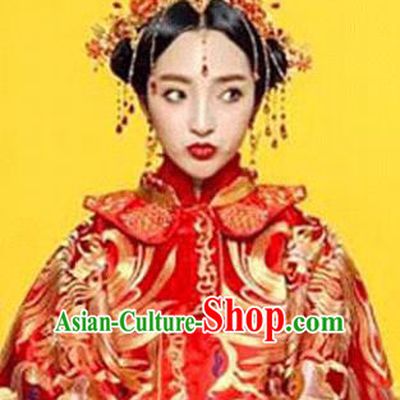 Traditional Handmade Chinese Ancient Classical Hair Accessories Barrettes Xiuhe Suit Phoenix Coronet Complete Set, Tassel Step Shake Hanfu Hair Fascinators for Women