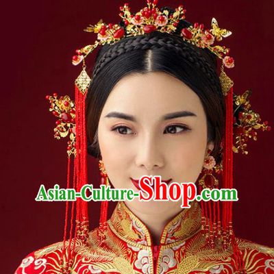 Traditional Handmade Chinese Ancient Classical Hair Accessories Barrettes Xiuhe Suit Red Phoenix Coronet Complete Set, Tassel Step Shake Hanfu Hair Fascinators for Women