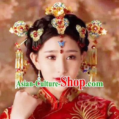 Traditional Handmade Chinese Ancient Classical Hair Accessories Barrettes Xiuhe Suit Cloisonne Phoenix Coronet Complete Set, Tassel Step Shake Hanfu Hair Fascinators for Women