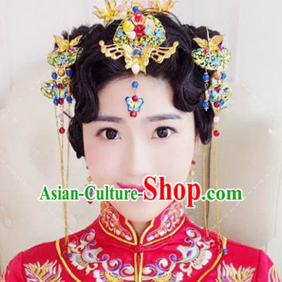 Traditional Handmade Chinese Ancient Classical Hair Accessories Barrettes Xiuhe Suit Cloisonne Butterfly Hairpins Complete Set, Tassel Step Shake Hanfu Hair Fascinators for Women