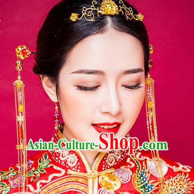Traditional Handmade Chinese Ancient Classical Hair Accessories Barrettes Xiuhe Suit Hairpins Complete Set, Tassel Step Shake Hanfu Hair Fascinators for Women