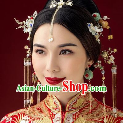 Traditional Handmade Chinese Ancient Classical Hair Accessories Barrettes Xiuhe Suit Jade Hairpins Complete Set, Tassel Step Shake Hanfu Hair Fascinators for Women