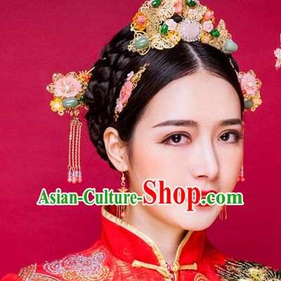 Traditional Handmade Chinese Ancient Classical Hair Accessories Barrettes Xiuhe Suit Pink Shell Hairpins Complete Set, Tassel Step Shake Hanfu Hair Fascinators for Women