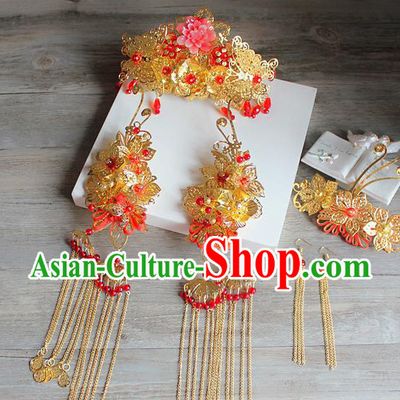 Traditional Handmade Chinese Ancient Classical Hair Accessories Barrettes Xiuhe Suit Hairpin Complete Set, Long Tassel Step Shake, Hanfu Hair Fascinators for Women