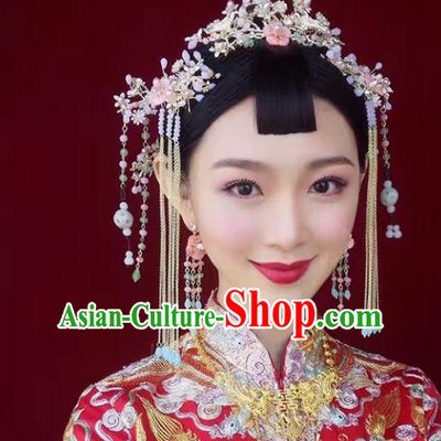 Traditional Handmade Chinese Ancient Classical Hair Accessories Barrettes Xiuhe Suit Pink Shell Hairpin Complete Set, Long Tassel Step Shake, Hanfu Hair Fascinators for Women