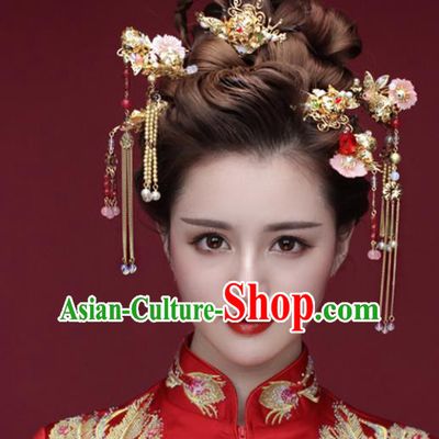 Traditional Handmade Chinese Ancient Classical Hair Accessories Barrettes Xiuhe Suit Pink Shell Hair Comb Complete Set, Long Tassel Step Shake, Hanfu Hairpins Hair Fascinators for Women