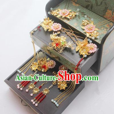 Traditional Handmade Chinese Ancient Classical Hair Accessories Barrettes Xiuhe Suit Red Beads Hair Comb Complete Set, Long Tassel Step Shake, Hanfu Hairpins Hair Fascinators for Women
