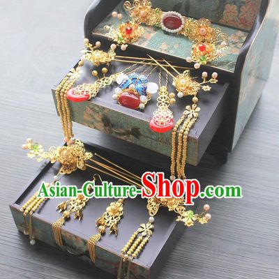 Traditional Handmade Chinese Ancient Classical Hair Accessories Barrettes Xiuhe Suit Hairpin Complete Set, Long Tassel Step Shake, Hanfu Hair Fascinators for Women