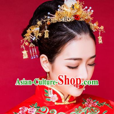 Traditional Handmade Chinese Ancient Classical Hair Accessories Barrettes Xiuhe Suit Copper Phoenix Coronet Complete Set, Long Tassel Step Shake, Hanfu Hairpins Hair Fascinators for Women