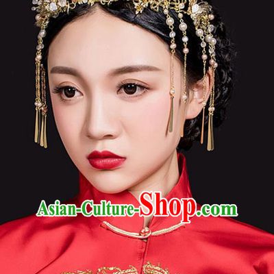 Traditional Handmade Chinese Ancient Classical Hair Accessories Barrettes Xiuhe Suit Phoenix Coronet Hair Clasp, Long Tassel Step Shake, Hanfu Hairpins Hair Fascinators for Women