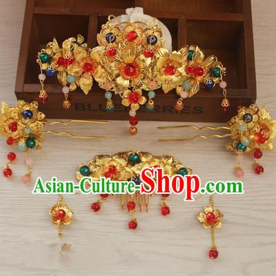 Traditional Handmade Chinese Ancient Classical Hair Accessories Barrettes Xiuhe Suit Hair Comb Complete Set, Long Tassel Step Shake, Hanfu Hairpins Hair Fascinators for Women