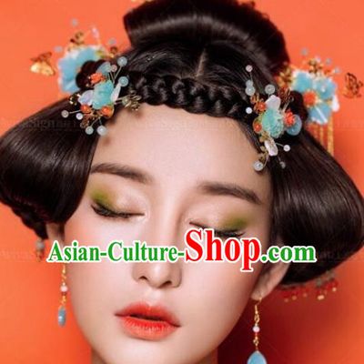 Traditional Handmade Chinese Ancient Classical Hair Accessories Barrettes Xiuhe Suit Blue Flowers Hair Comb Complete Set, Long Tassel Step Shake, Hanfu Hairpins Hair Fascinators for Women