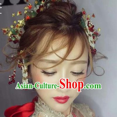 Traditional Handmade Chinese Ancient Classical Hair Accessories Barrettes Xiuhe Suit Flowers Hair Comb Complete Set, Long Tassel Step Shake, Hanfu Hairpins Hair Fascinators for Women