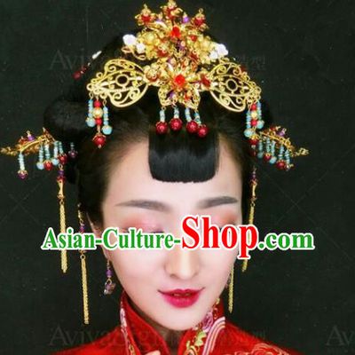 Traditional Handmade Chinese Ancient Classical Hair Accessories Barrettes Xiuhe Suit Long Tassel Step Shake Complete Set, Hanfu Hairpins Hair Fascinators for Women