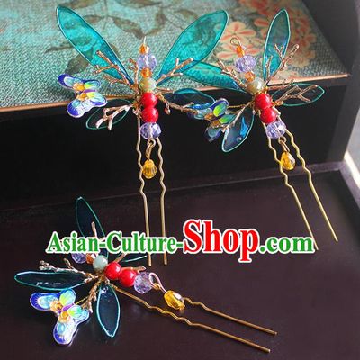 Traditional Handmade Chinese Ancient Classical Hair Accessories Barrettes Xiuhe Suit Blue Butterfly Hairpin, Hanfu Hair Fascinators for Women