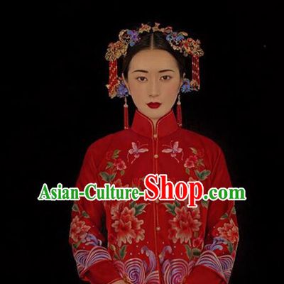 Traditional Handmade Chinese Ancient Classical Hair Accessories Barrettes Xiuhe Suit Cloisonne Hair Comb Step Shake Complete Set, Hanfu Hairpins Hair Fascinators for Women