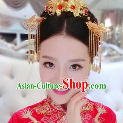 Traditional Handmade Chinese Ancient Classical Hair Accessories Barrettes Xiuhe Suit Hair Comb Complete Set, Hanfu Hairpins Hair Fascinators for Women