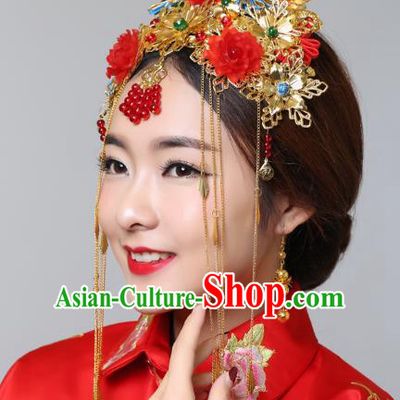 Traditional Handmade Chinese Ancient Classical Hair Accessories Barrettes Xiuhe Suit Cheongsam Red Flowers Golden Phoenix Coronet, Hanfu Hairpins Hair Fascinators for Women