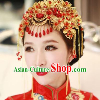 Traditional Handmade Chinese Ancient Classical Hair Accessories Barrettes Xiuhe Suit Cheongsam Red Flowers Tassel Phoenix Coronet, Hanfu Hairpins Hair Fascinators for Women