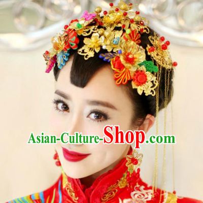 Traditional Handmade Chinese Ancient Classical Hair Accessories Barrettes Xiuhe Suit Cheongsam Tassel Hair Comb Phoenix Coronet Complete Set, Hanfu Hairpins Hair Fascinators for Women