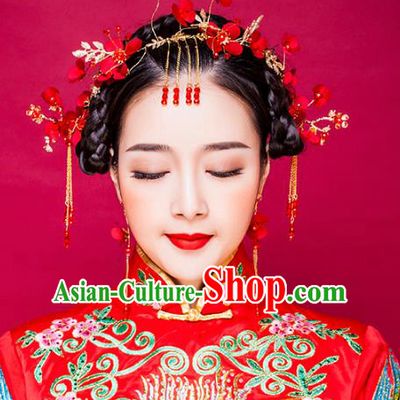 Traditional Handmade Chinese Ancient Classical Hair Accessories Xiuhe Suit Cheongsam Red Flowers Hair Clasp, Hanfu Hairpins Hair Fascinators for Women