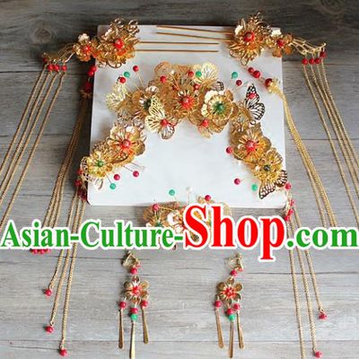 Traditional Handmade Chinese Ancient Classical Hair Accessories Xiuhe Suit Cheongsam Golden Butterfly Phoenix Coronet, Hanfu Hairpins Hair Fascinators for Women