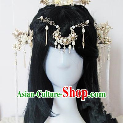 Traditional Handmade Chinese Ancient Classical Princess Hair Accessories Complete Set Tassel Forehead Ornament, Wedding Hairpins Hair Jewellery Hair Fascinators for Women