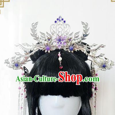 Traditional Handmade Chinese Ancient Classical Wedding Hair Accessories Bride Purple Phoenix Coronet Complete Set, Hanfu Hair Jewellery Hair Fascinators for Women