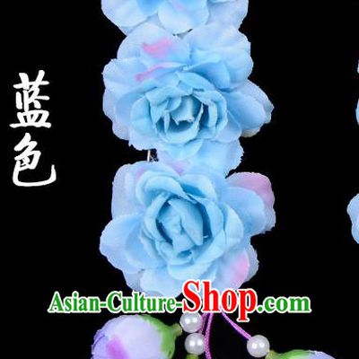 Traditional Beijing Opera Diva Red Hair Accessories Blue Flowers Temples Hairpin, Ancient Chinese Peking Opera Tassel Step Shake Hua Tan Hairpins Headwear