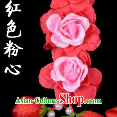Traditional Beijing Opera Diva Red Hair Accessories Red Flowers Temples Hairpin, Ancient Chinese Peking Opera Tassel Step Shake Hua Tan Hairpins Headwear