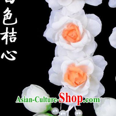 Traditional Beijing Opera Diva Red Hair Accessories White Flowers Temples Hairpin, Ancient Chinese Peking Opera Tassel Step Shake Hua Tan Hairpins Headwear