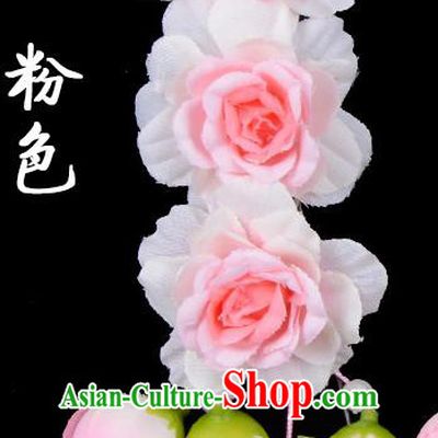 Traditional Beijing Opera Diva Red Hair Accessories Light Pink Flowers Temples Hairpin, Ancient Chinese Peking Opera Tassel Step Shake Hua Tan Hairpins Headwear