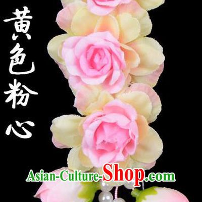Traditional Beijing Opera Diva Red Hair Accessories Pink Flowers Temples Hairpin, Ancient Chinese Peking Opera Tassel Step Shake Hua Tan Hairpins Headwear
