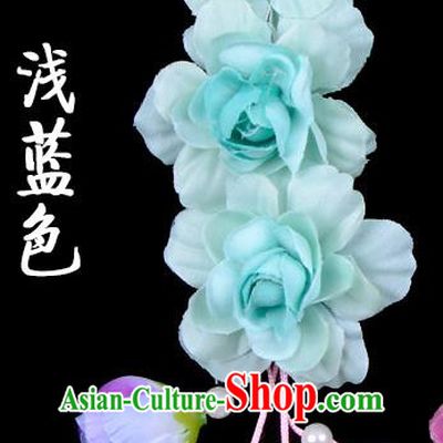 Traditional Beijing Opera Diva Red Hair Accessories Blue Flowers Temples Hairpin, Ancient Chinese Peking Opera Tassel Step Shake Hua Tan Hairpins Headwear