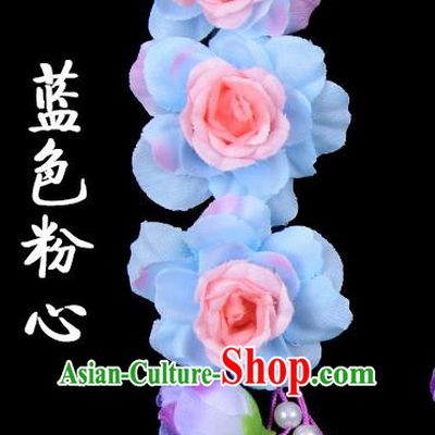 Traditional Beijing Opera Diva Red Hair Accessories Light Blue Flowers Temples Hairpin, Ancient Chinese Peking Opera Tassel Step Shake Hua Tan Hairpins Headwear