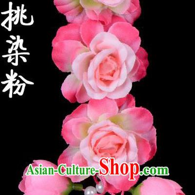 Traditional Beijing Opera Diva Red Hair Accessories Peach Pink Flowers Temples Hairpin, Ancient Chinese Peking Opera Tassel Step Shake Hua Tan Hairpins Headwear