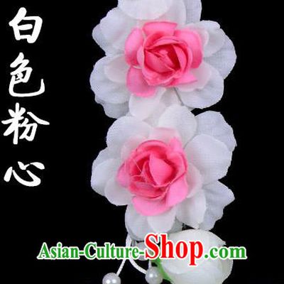 Traditional Beijing Opera Diva Red Hair Accessories White Pink Flowers Temples Hairpin, Ancient Chinese Peking Opera Tassel Step Shake Hua Tan Hairpins Headwear