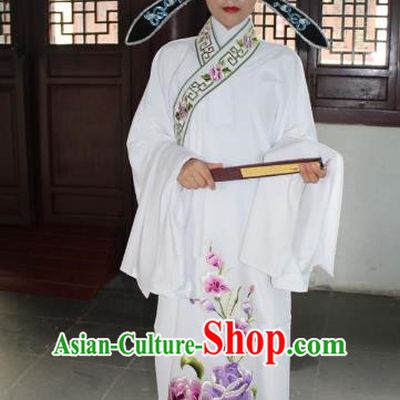 Top Grade Professional Beijing Opera Niche Costume Lang Scholar White Embroidered Robe and Hat, Traditional Ancient Chinese Peking Opera Embroidery Clothing