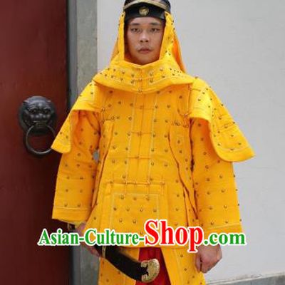 Traditional China Beijing Opera Qing Dynasty General Costume Helmet and Armour, Ancient Chinese Peking Opera Manchu Imperial Bodyguard Warrior Yellow Clothing