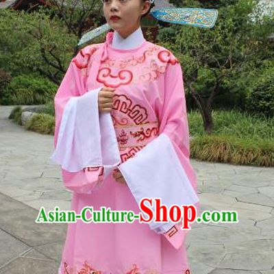 Top Grade Professional Beijing Opera Niche Costume Gifted Scholar Pink Embroidered Robe, Traditional Ancient Chinese Peking Opera Embroidery Gwanbok Clothing