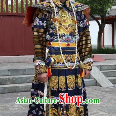 Traditional China Beijing Opera Qing Dynasty Emperor Costume Black Embroidered Robe, Ancient Chinese Peking Opera Manchu Embroidery Dragon Clothing