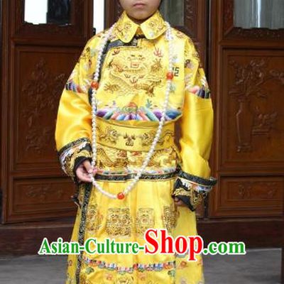 Traditional China Beijing Opera Qing Dynasty Emperor Costume Children Embroidered Robe, Chinese Peking Opera Manchu King Embroidery Dragon Clothing for Kids