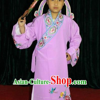 Top Grade Professional Beijing Opera Niche Costume Pink Embroidered Robe, Traditional Ancient Chinese Peking Opera Lang Scholar Embroidery Clothing for Kids