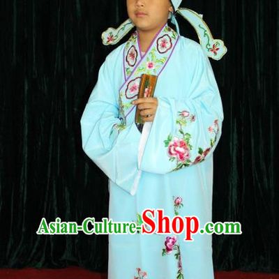 Top Grade Professional Beijing Opera Niche Costume Blue Embroidered Robe, Traditional Ancient Chinese Peking Opera Lang Scholar Embroidery Clothing for Kids